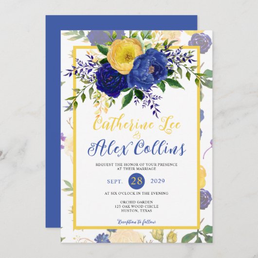 水彩海軍と黄色がかった金ゴールド結婚フローラ 招待状 (正面/裏面)