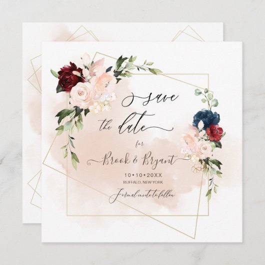 水彩海軍赤面ブルゴーニュバラセーブザデート 招待状 (正面/裏面)