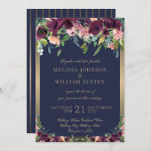 水彩海軍金ゴールドブルゴーニュフローラ結婚ズ 招待状 (正面/裏面)