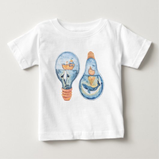水彩海電球ハンプバック鯨船 ベビーTシャツ (正面)