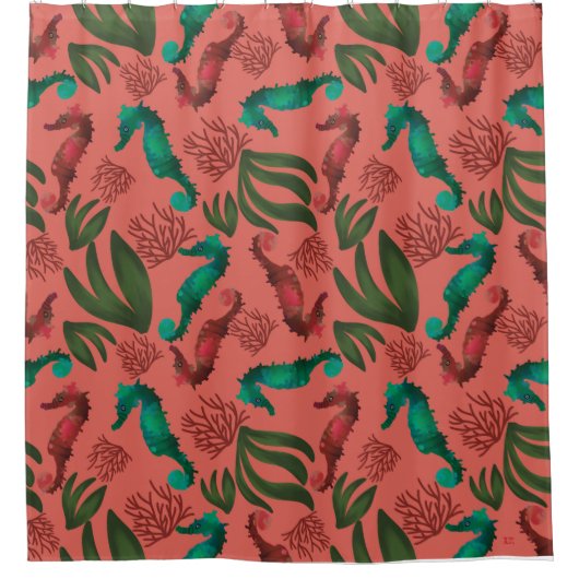 水彩海馬コーラルパター航海のン シャワーカーテン (正面)