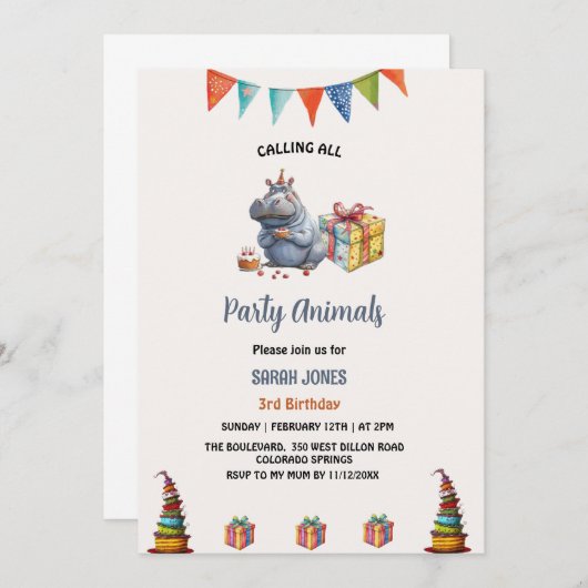 水彩海馬パーティー動物の誕生日 招待状 (正面/裏面)