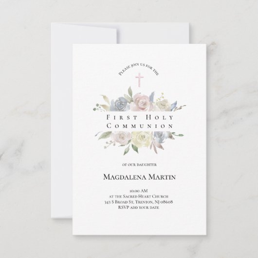 水彩淡い色の花First Communion 招待状 (正面)