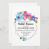 水彩淡い青のホットピンクフローラ金ゴールドフレーム 招待状 (正面/裏面)