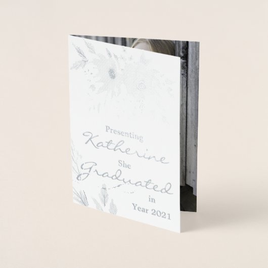 水彩淡エレガント青色の卒業写真 箔カード (正面)