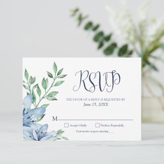 水彩淡藍色和濃藍色花卉图案 出欠カード (スタンド正面)