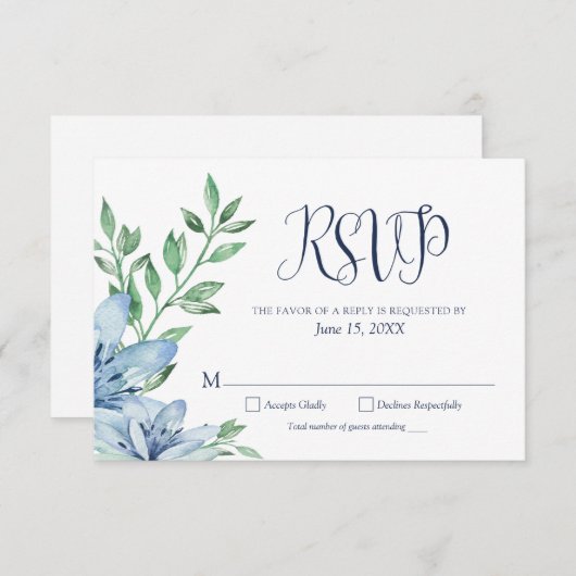 水彩淡藍色和濃藍色花卉图案 出欠カード (正面/裏面)