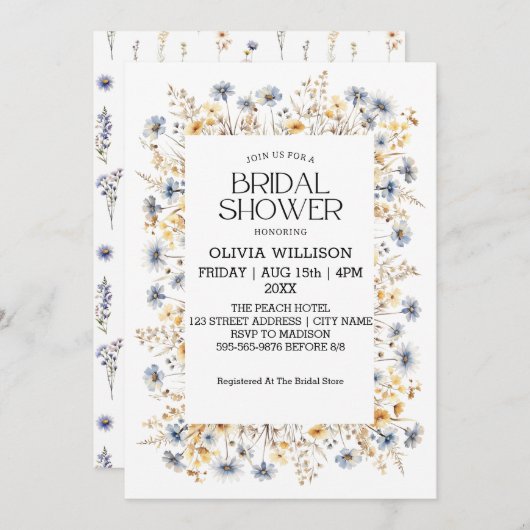 水彩淡藍色野花 婚前シャワー 招待状 (正面/裏面)