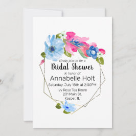 水彩淡藍色 熱粉色 花卉 金色邊框 招待状