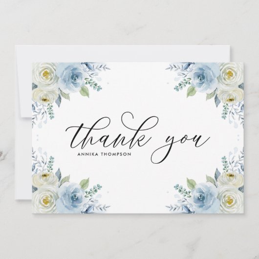 水彩淡青フラワーブーケ結婚ーズ サンキューカード (正面)
