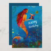 水彩深いブルーシーグリッターマーメイド シーズンカード (正面/裏面)