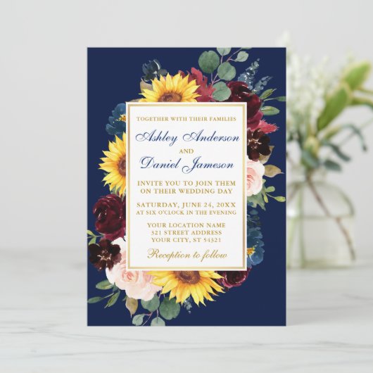 水彩混合フローラフレーム結婚の金ゴールド青 招待状 (スタンド正面)