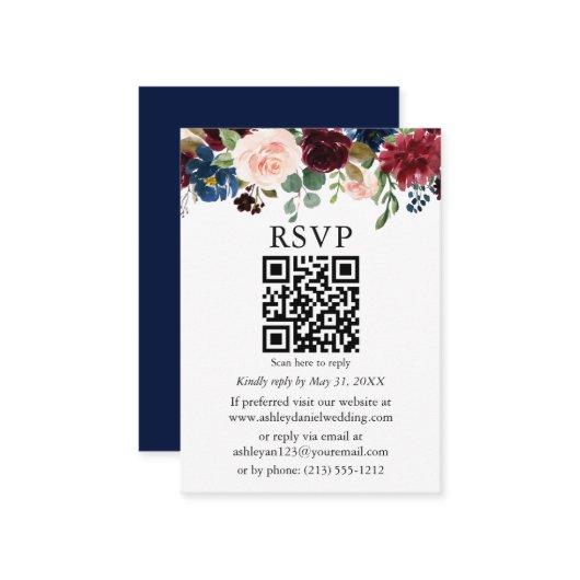 水彩混合フローラ結婚の青QR RSVP エンクロージャーカード (正面/裏面インサイチュ)