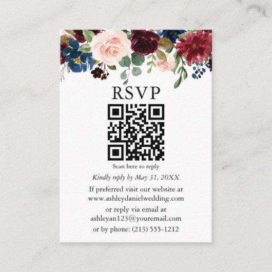 水彩混合フローラ結婚の青QR RSVP エンクロージャーカード (正面)