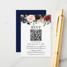 水彩混合フローラ結婚の青QR RSVP エンクロージャーカード