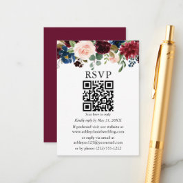 水彩混合フローラ結婚ズBurgundy QR RSVP エンクロージャーカード