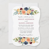 水彩混成フローラグリーンリー結婚ブルゴーニュ 招待状 (正面)