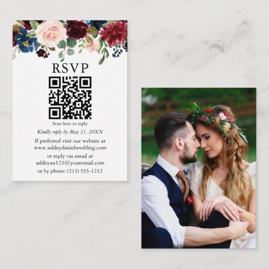 水彩混色フローラ写真結婚のQR RSVP エンクロージャーカード (正面/裏面)