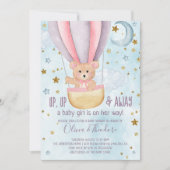 水彩温風船ベアーガールベビーシャワー 招待状 (正面)