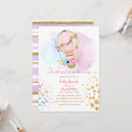 水彩温風船ベビーガールシャワー 招待状