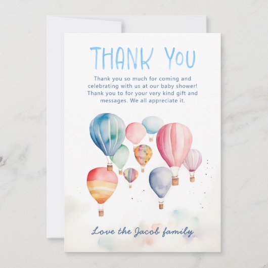 水彩温風船ベビーシャワー感謝していあなた サンキューカード (正面)