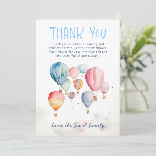 水彩温風船ベビーシャワー感謝していあなた サンキューカード (スタンド正面)