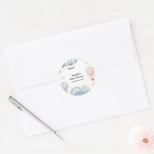 水彩温風船ベビーシャワー ラウンドシール (封筒)