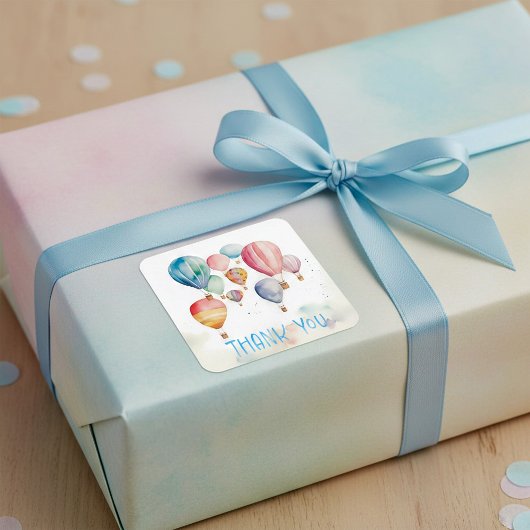 水彩温飛んでいる気球ブルー感謝していユ スクエアシール