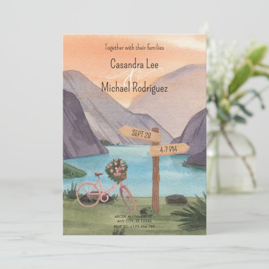 水彩湖と自転車の景色結婚の 招待状 (スタンド正面)