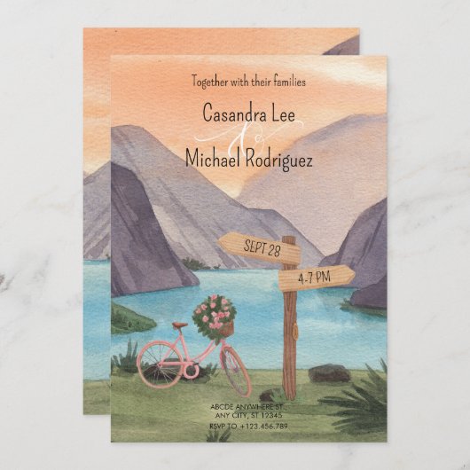 水彩湖と自転車の景色結婚の 招待状 (正面/裏面)