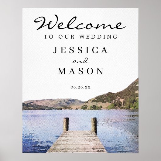 水彩湖の結婚ウェルカムサイン ポスター (正面)