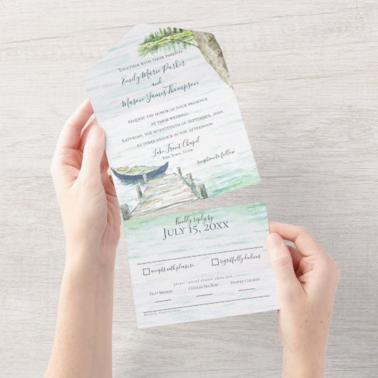 水彩湖ブルーカヌー結婚ズ オールインワン招待状 (貼ってはがせる)