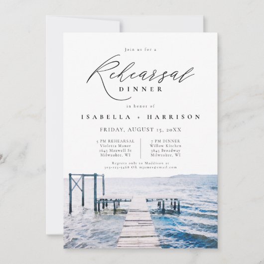 水彩湖畔のリハ結婚ーサルディナー 招待状 (正面)