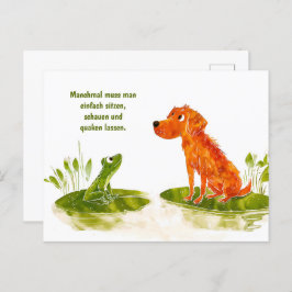 水彩漫画犬とカエルのリリーパッド シーズンポストカード