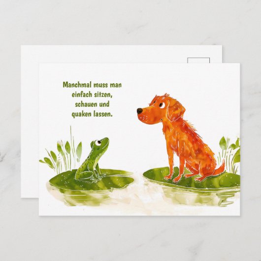 水彩漫画犬とカエルのリリーパッド シーズンポストカード (正面/裏面)