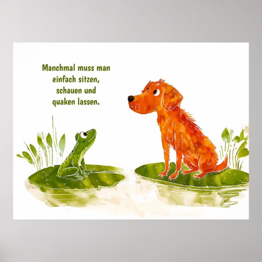 水彩漫画犬とカエルのリリーパッド ポスター (正面)