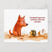 水彩漫画犬とハリネズミの出会い シーズンポストカード (正面)