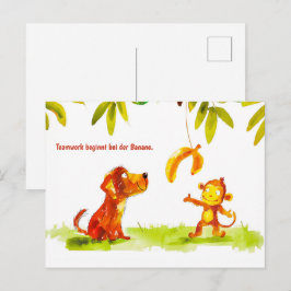 水彩漫画犬と猿はバナナを欲しい シーズンポストカード