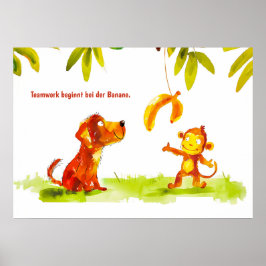 水彩漫画犬と猿はバナナを欲しい ポスター