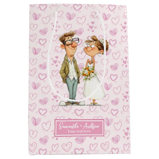 水彩漫画結婚のカップルのユーモア抱き枕 ミディアムペーパーバッグ (正面)