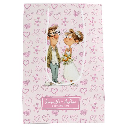 水彩漫画結婚のカップルのユーモア抱き枕 ミディアムペーパーバッグ (裏面)