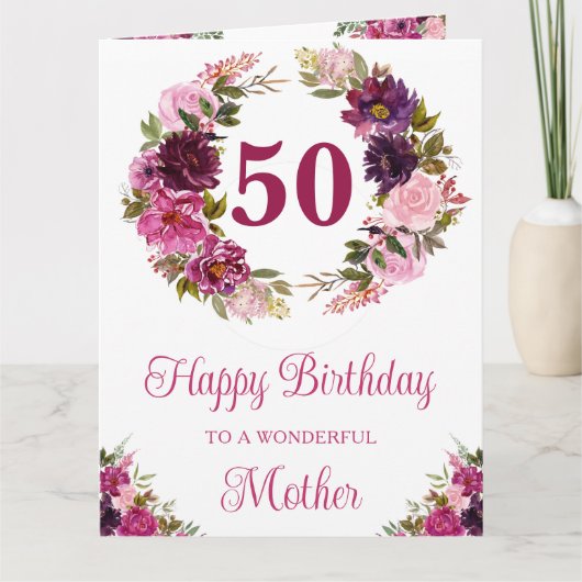 水彩濃ピンクの花 誕生日 カード (正面)