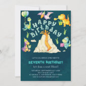 水彩火山カラフル恐竜誕生日 招待状 (正面)