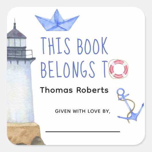 水彩灯台 – ベビーシャワー蔵書票 スクエアシール (正面)