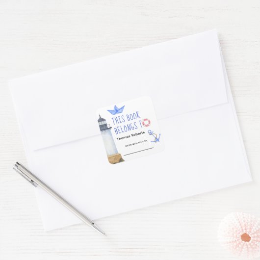 水彩灯台 – ベビーシャワー蔵書票 スクエアシール (封筒)