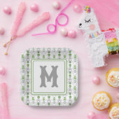 水彩灰色の弓と緑のトピアリーモノグラム ペーパープレート (パーティー)