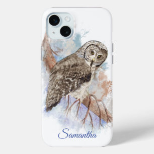 水彩灰色素晴らしフクロウ名前をカスタムする iPhone 15 MINIケース