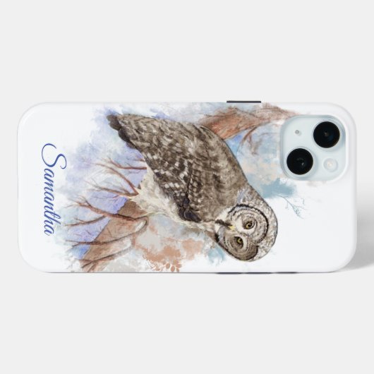 水彩灰色素晴らしフクロウ名前をカスタムする Case-Mate iPhoneケース (裏面 (横))
