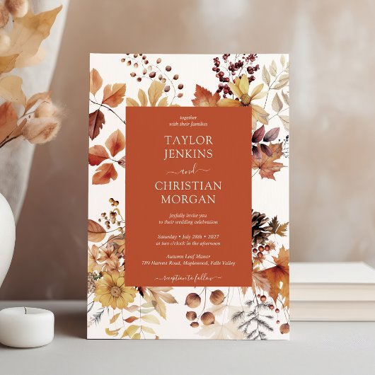 水彩焦げオレンジテラコタフローラ結婚ズ 招待状