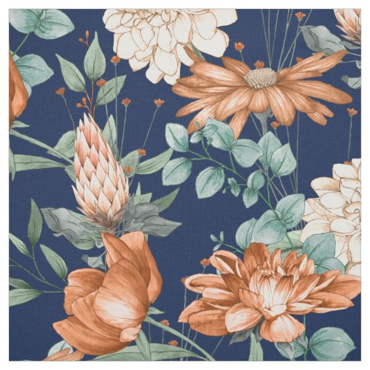 水彩焦げオレンジ白色花柄 ファブリック (見本)